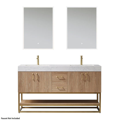 Vinnova Alistair 60" North American Oak Freestanding Double Vanity Set In Brushed Gold Metal Bracket Support Base and White Grain Stone Top With Undermount Ceramic Sink and Mirror