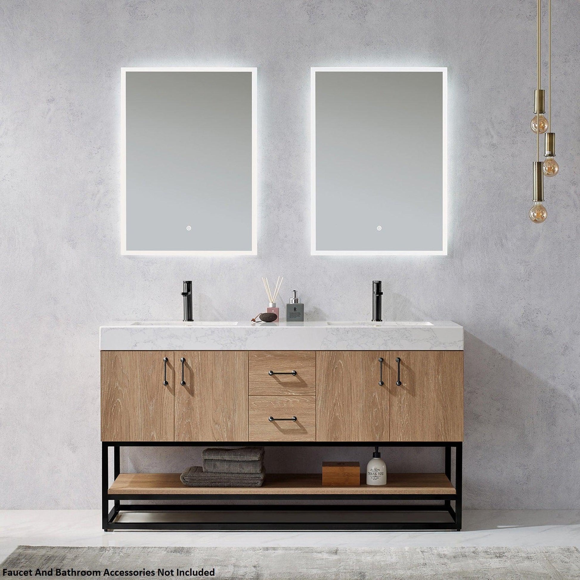 Vinnova Alistair 60" North American Oak Freestanding Double Vanity Set In Matte Black Metal Bracket Support Base and White Grain Stone Top With Undermount Ceramic Sink and Mirror