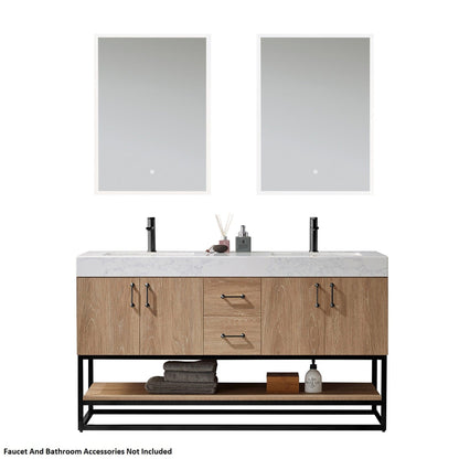 Vinnova Alistair 60" North American Oak Freestanding Double Vanity Set In Matte Black Metal Bracket Support Base and White Grain Stone Top With Undermount Ceramic Sink and Mirror