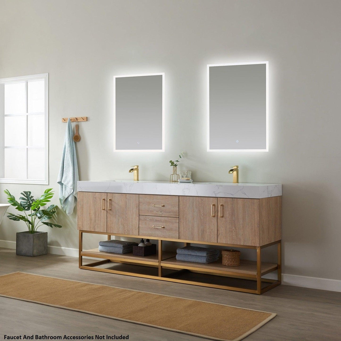 Vinnova Alistair 72" North American Oak Freestanding Double Vanity Set In Brushed Gold Metal Bracket Support Base and White Grain Stone Top With Undermount Ceramic Sink and Mirror