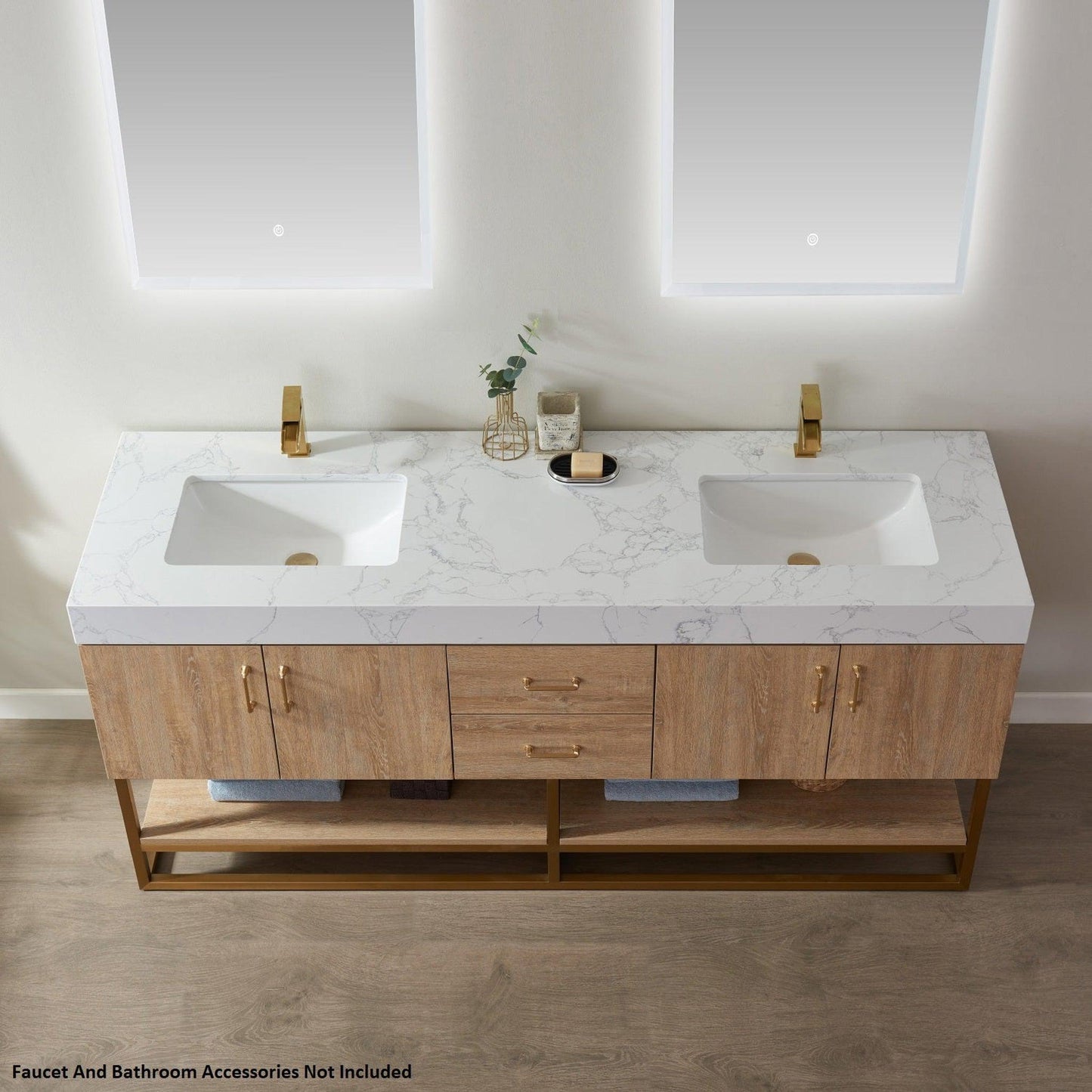 Vinnova Alistair 72" North American Oak Freestanding Double Vanity Set In Brushed Gold Metal Bracket Support Base and White Grain Stone Top With Undermount Ceramic Sink and Mirror