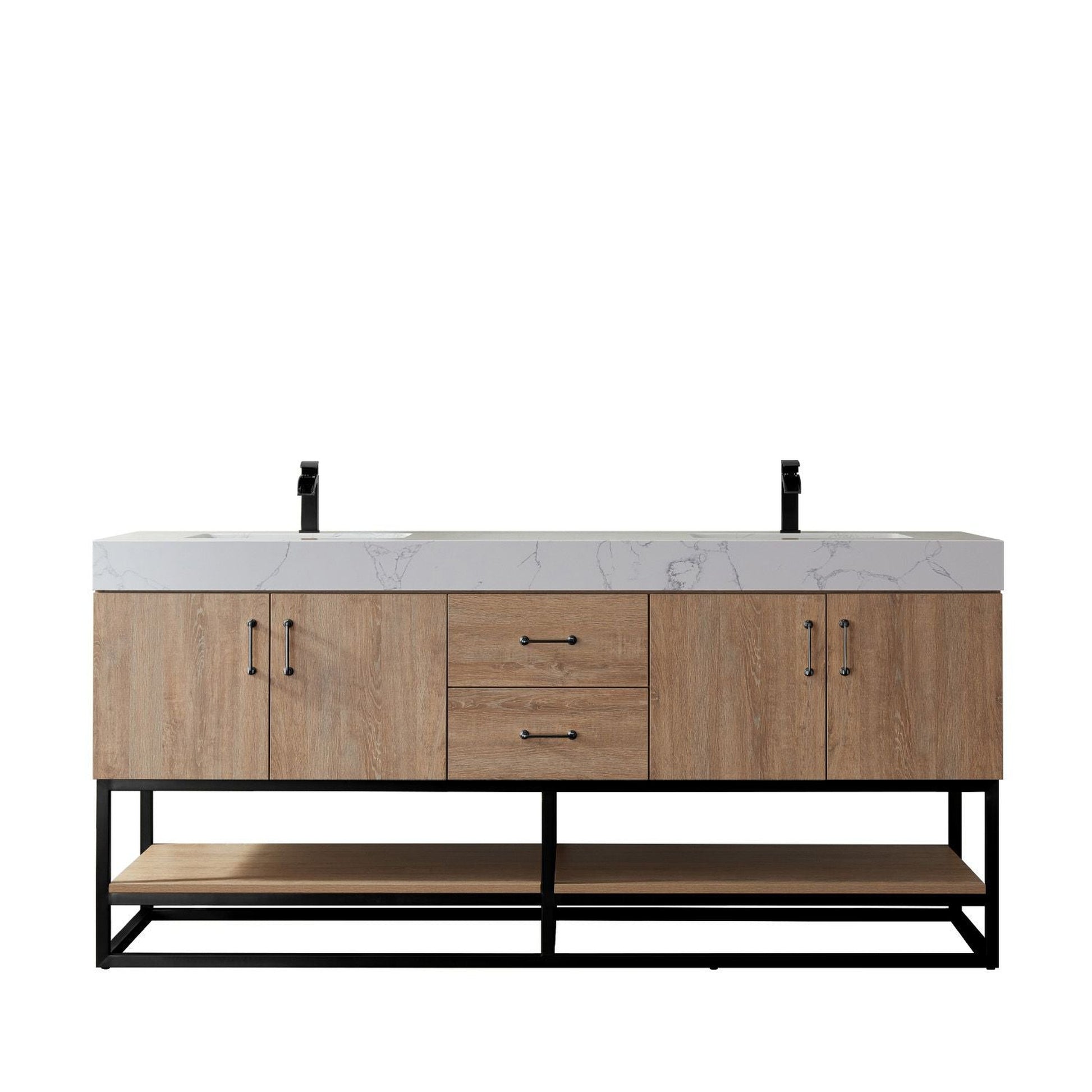 Vinnova Alistair 72" North American Oak Freestanding Double Vanity Set In Matte Black Metal Bracket Support Base and White Grain Stone Top With Undermount Ceramic Sink and Mirror