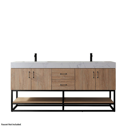 Vinnova Alistair 72" North American Oak Freestanding Double Vanity Set In Matte Black Metal Bracket Support Base and White Grain Stone Top With Undermount Ceramic Sink