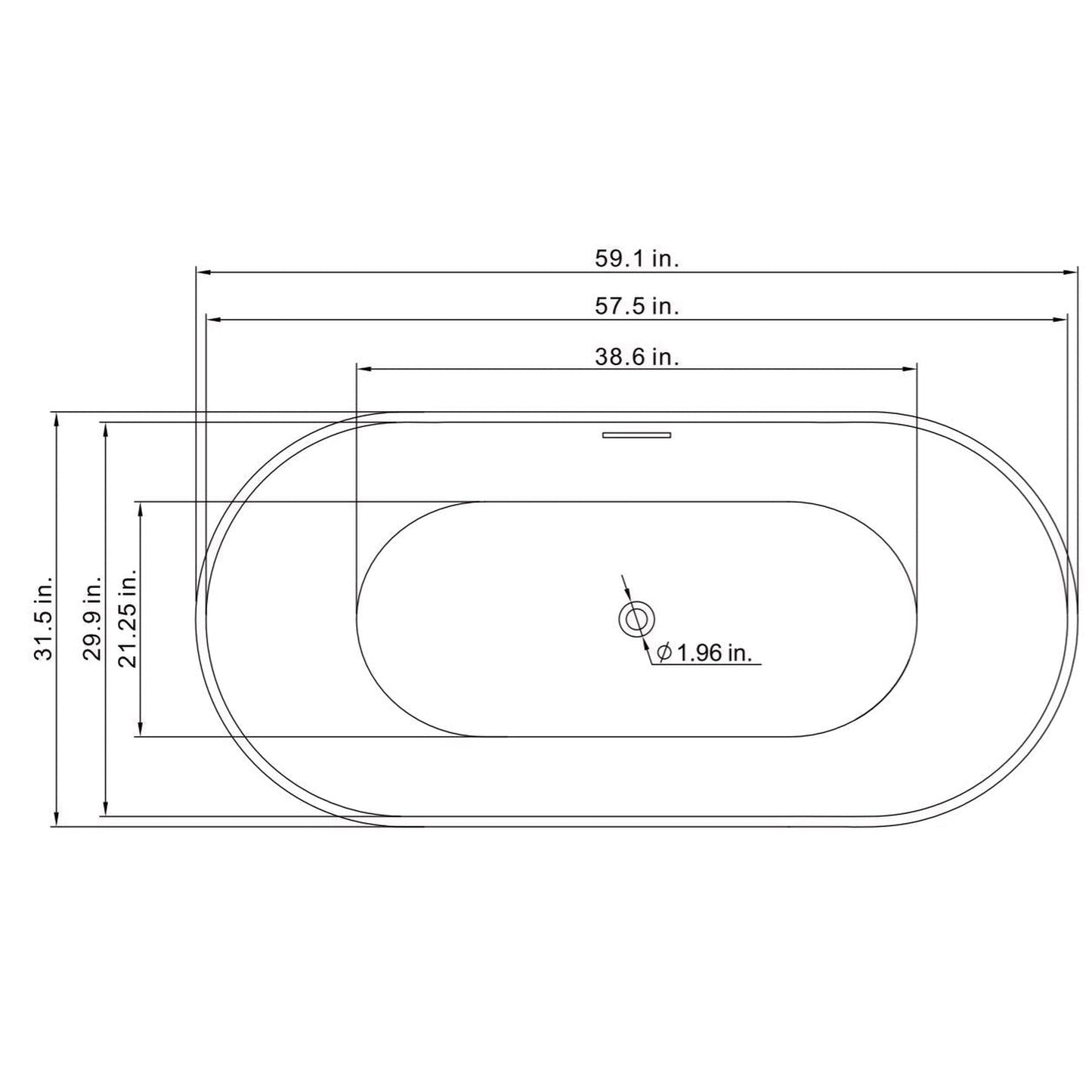 Vinnova Angelica 59" x 32" White Oval Freestanding Soaking Acrylic Bathtub