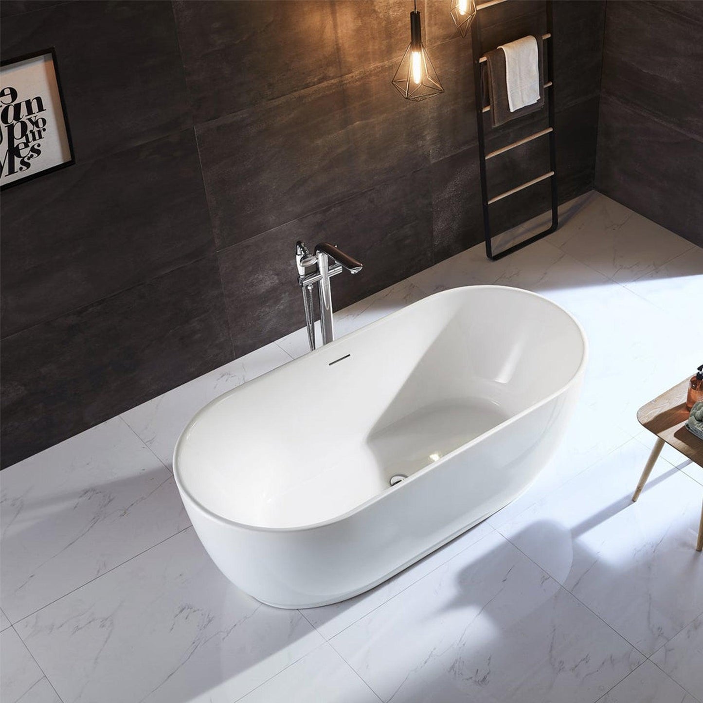 Vinnova Angelica 67" x 32" White Oval Freestanding Soaking Acrylic Bathtub