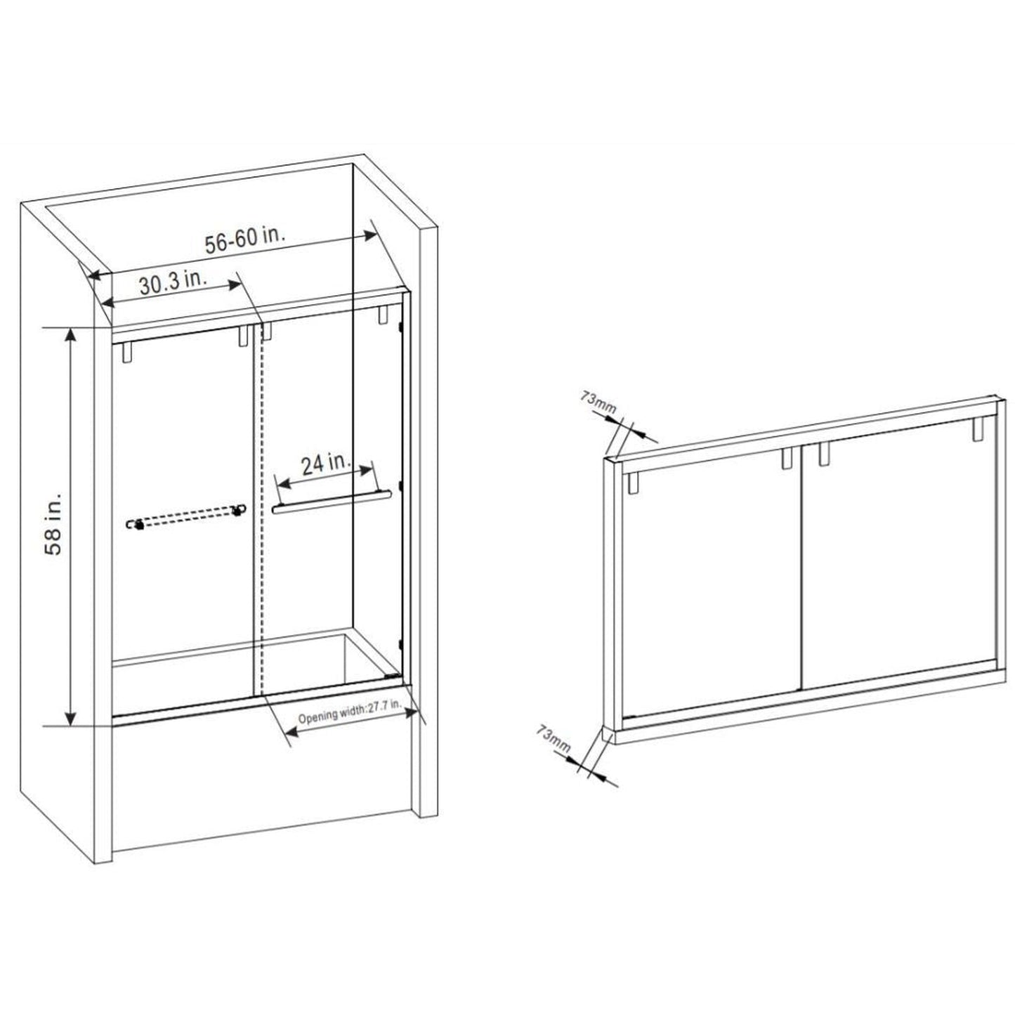 Vinnova Brescia 60" x 58" Matte Black Reversible Double Sliding Bypass Framed Tub Door