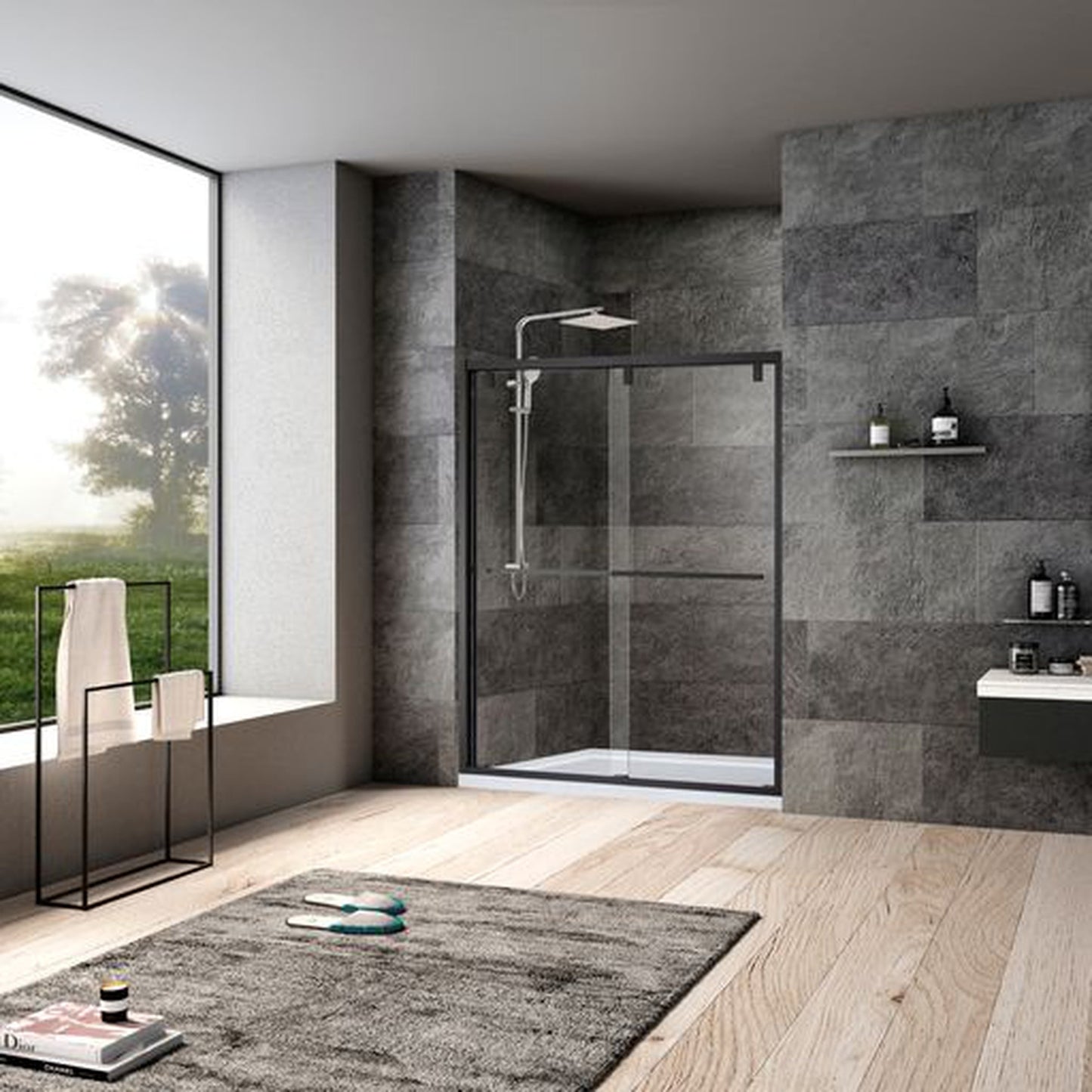 Vinnova Brescia 68" x 76"Matte Black Reversible Double Sliding Bypass Framed Shower Door