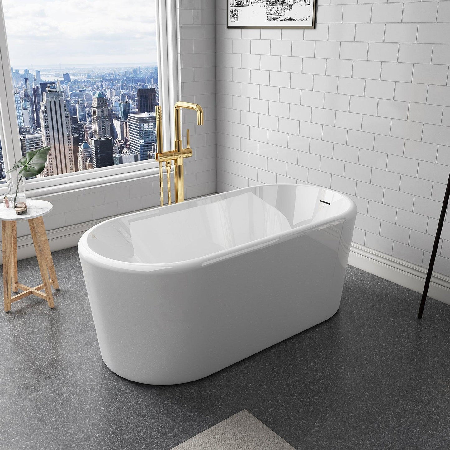 Vinnova Caserta 67" x 28" White Oval Freestanding Soaking Acrylic Bathtub