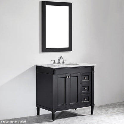 Vinnova Catania 37" Espresso Freestanding Single Vanity Set In White Carrara Marble Top With Undermount Ceramic Sink and Mirror