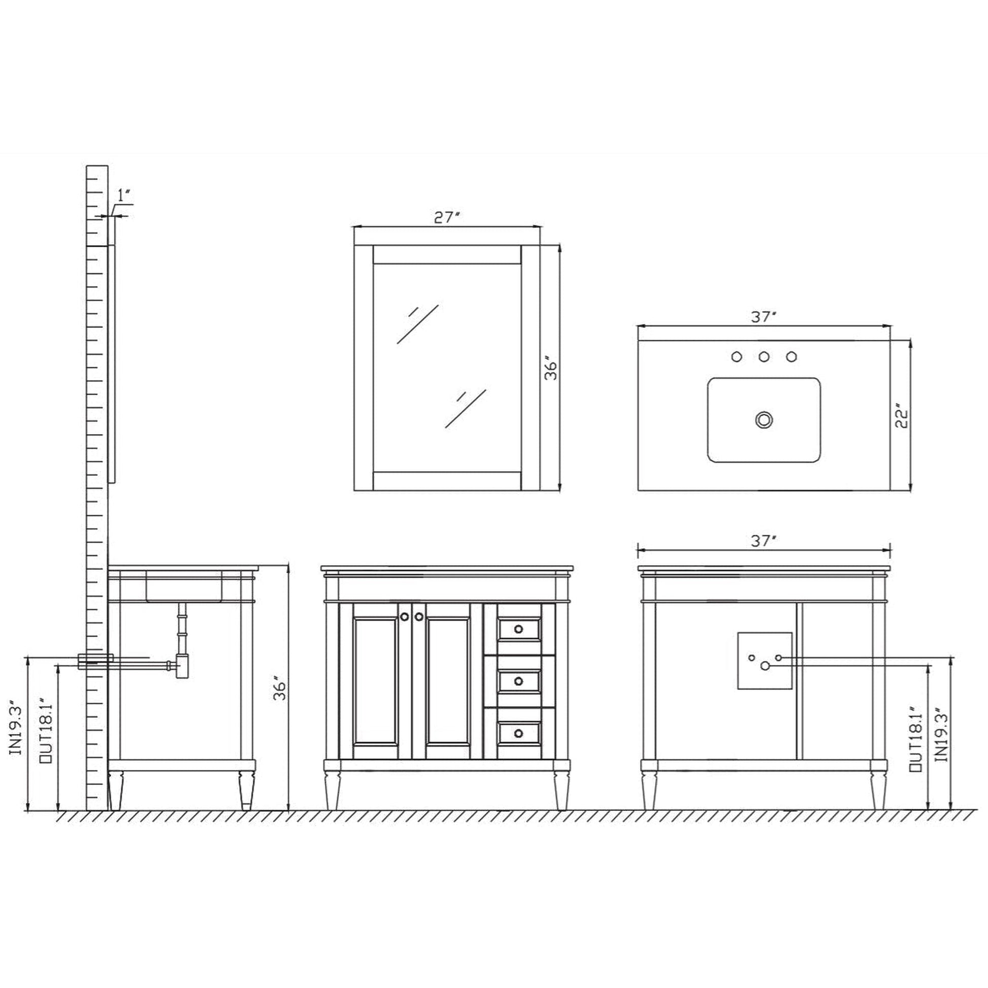 Vinnova Catania 37" Gray Freestanding Single Vanity Set In White Carrara Marble Top With Undermount Ceramic Sink and Mirror