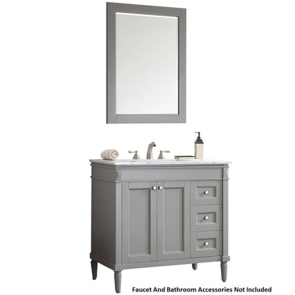 Vinnova Catania 37" Gray Freestanding Single Vanity Set In White Carrara Marble Top With Undermount Ceramic Sink and Mirror