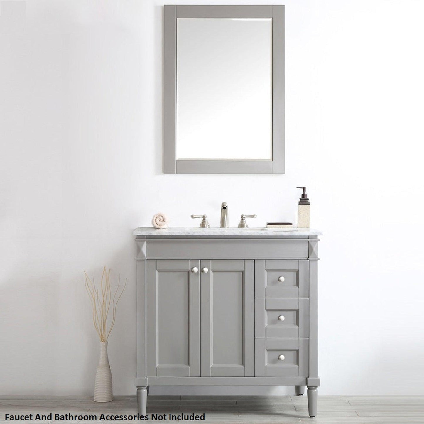 Vinnova Catania 37" Gray Freestanding Single Vanity Set In White Carrara Marble Top With Undermount Ceramic Sink and Mirror