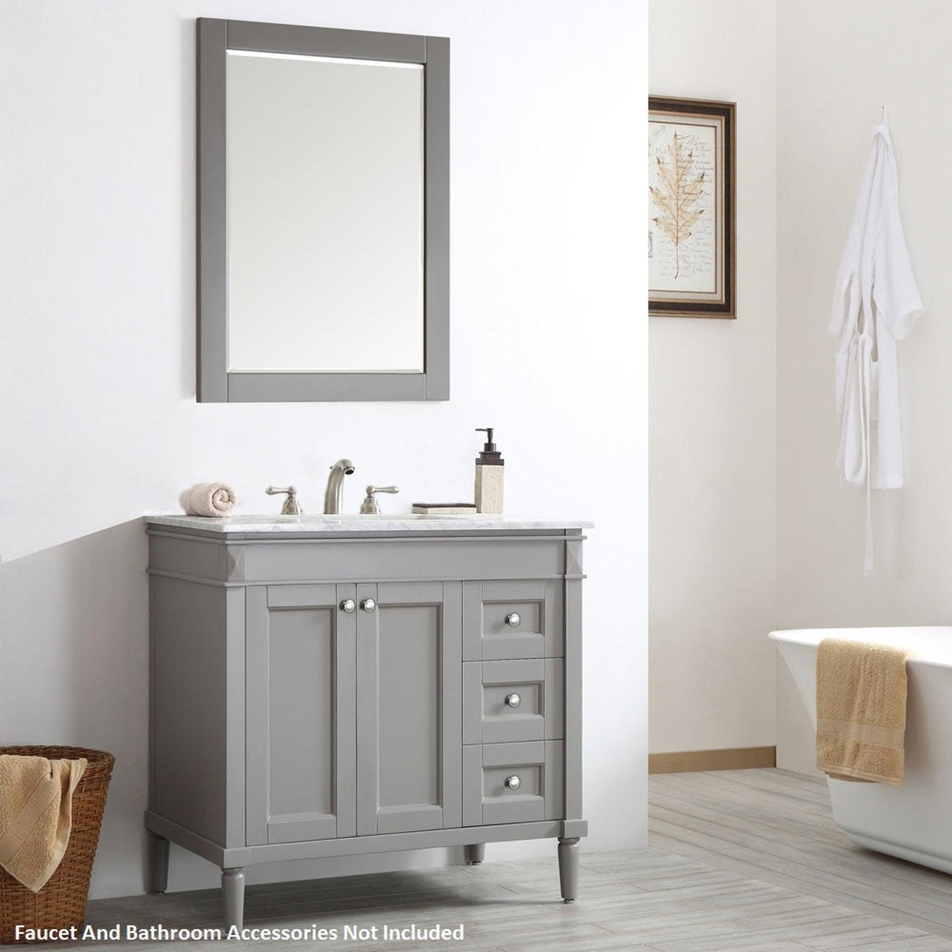 Vinnova Catania 37" Gray Freestanding Single Vanity Set In White Carrara Marble Top With Undermount Ceramic Sink and Mirror