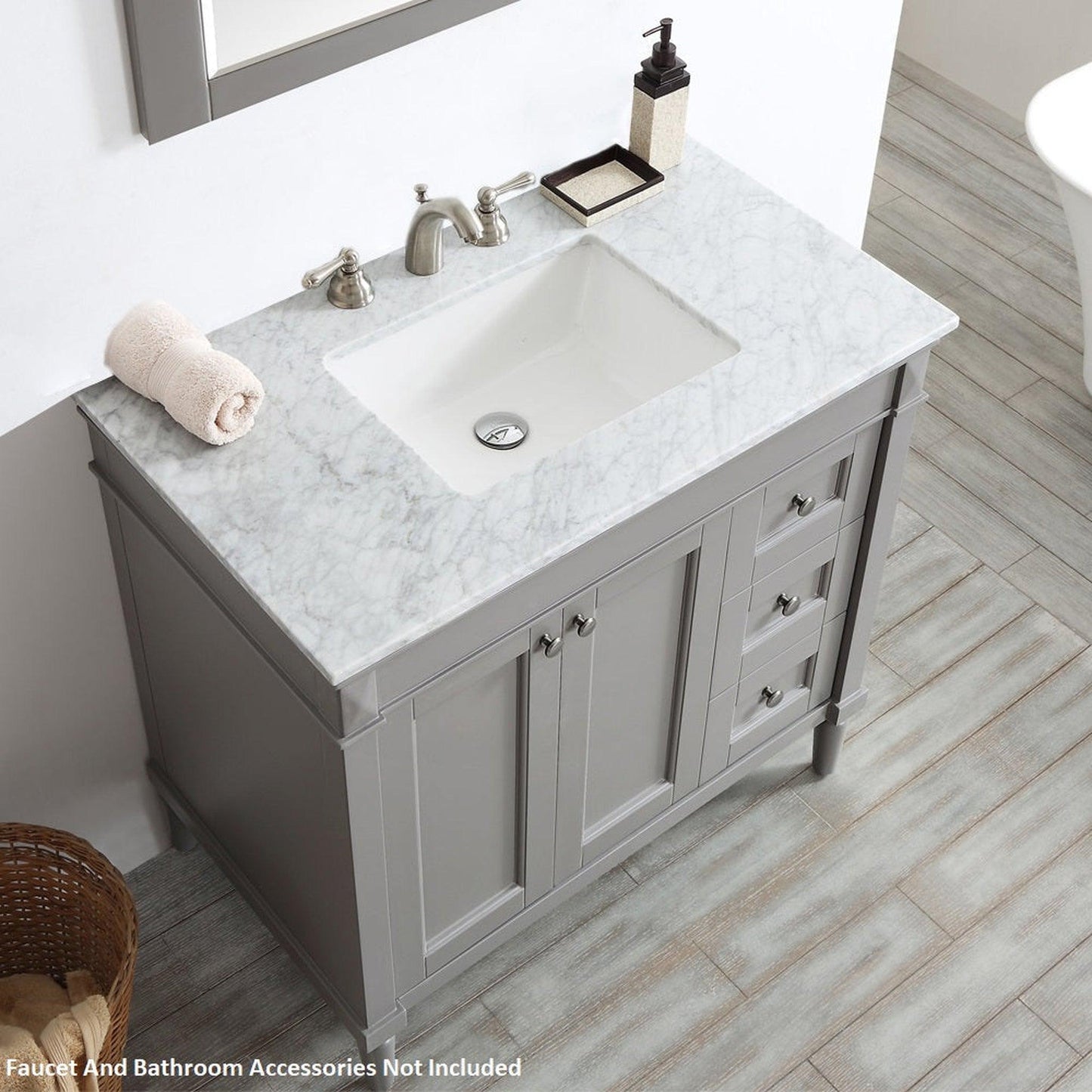 Vinnova Catania 37" Gray Freestanding Single Vanity Set In White Carrara Marble Top With Undermount Ceramic Sink and Mirror