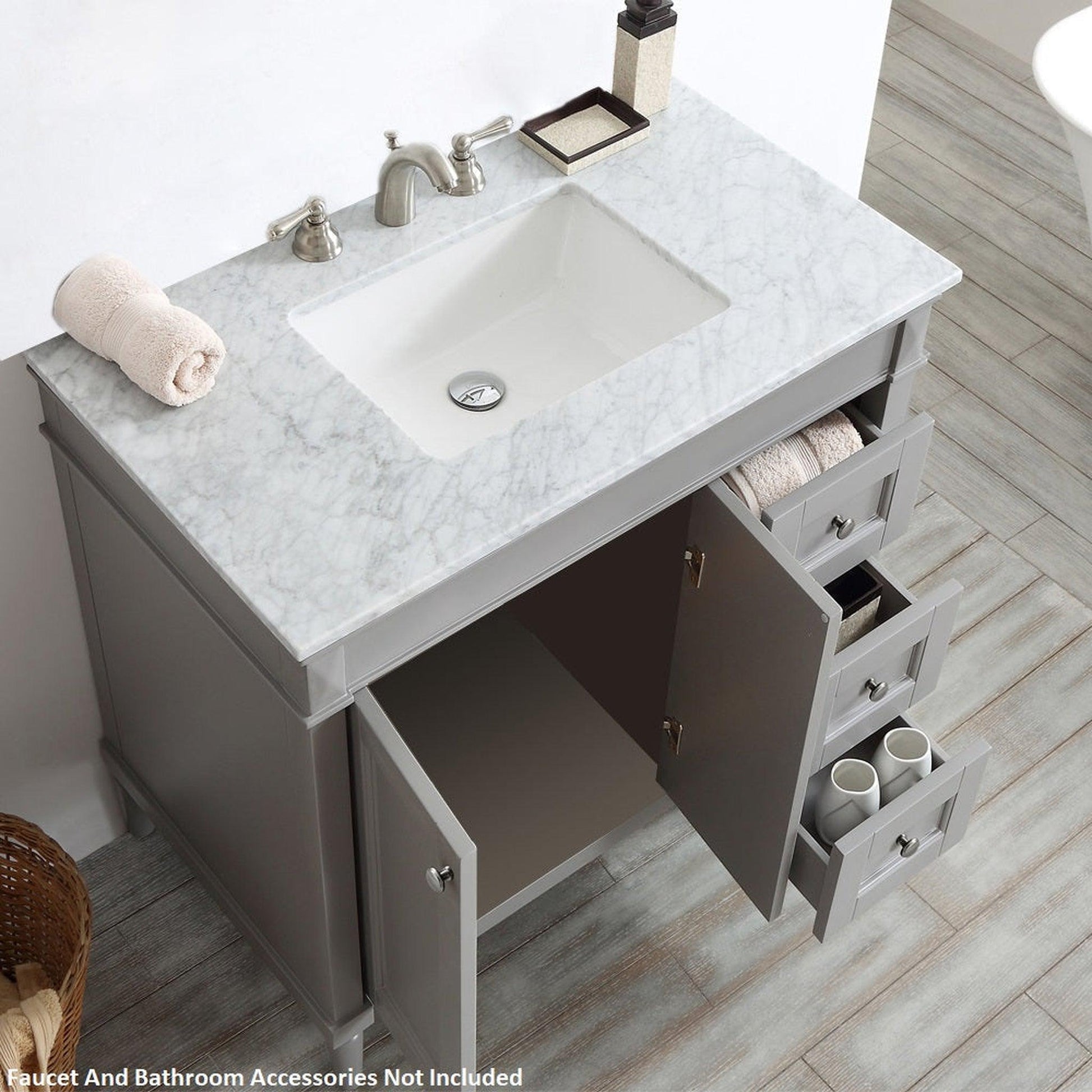 Vinnova Catania 37" Gray Freestanding Single Vanity Set In White Carrara Marble Top With Undermount Ceramic Sink and Mirror