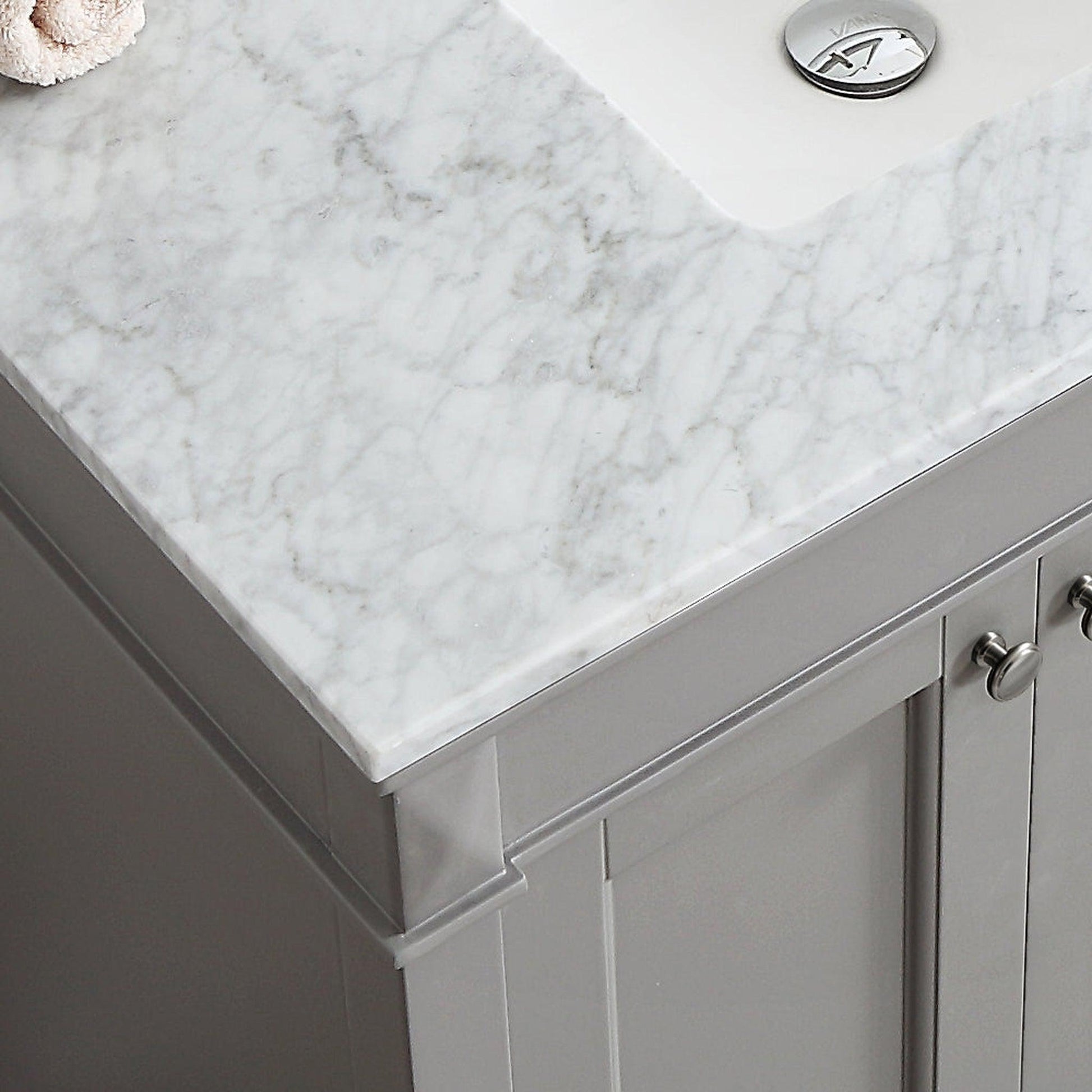 Vinnova Catania 37" Gray Freestanding Single Vanity Set In White Carrara Marble Top With Undermount Ceramic Sink and Mirror