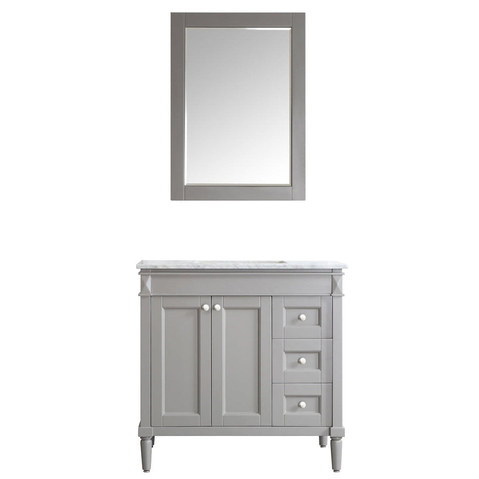 Vinnova Catania 37" Gray Freestanding Single Vanity Set In White Carrara Marble Top With Undermount Ceramic Sink and Mirror