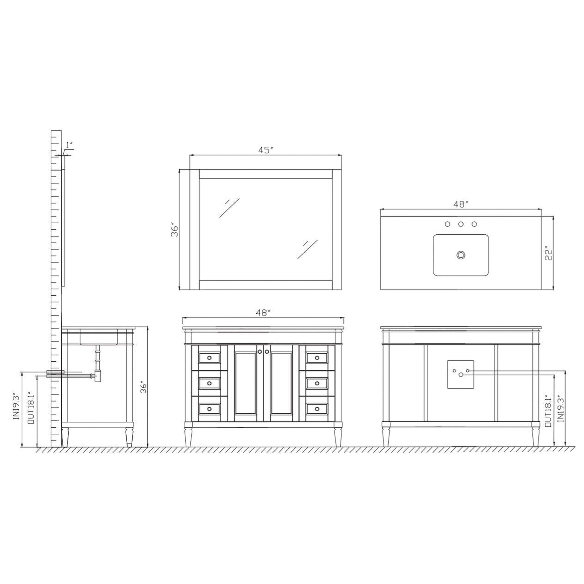 Vinnova Catania 48" Espresso Freestanding Single Vanity Set In White Carrara Marble Top With Undermount Ceramic Sink and Mirror