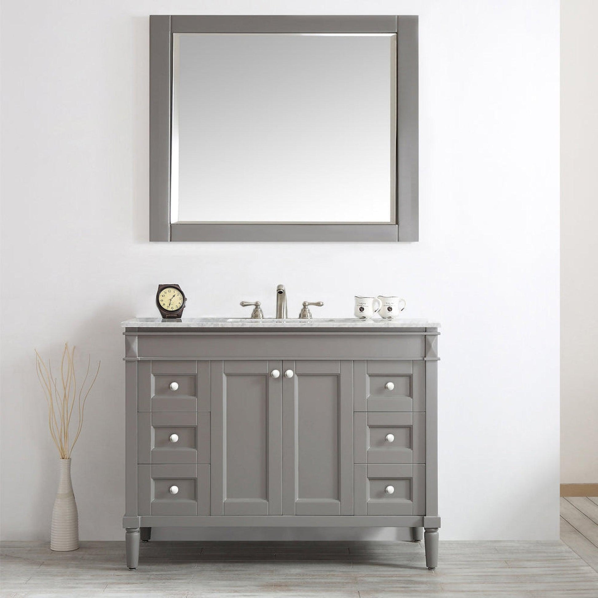 Vinnova Catania 48" Gray Freestanding Single Vanity Set In White Carrara Marble Top With Undermount Ceramic Sink and Mirror