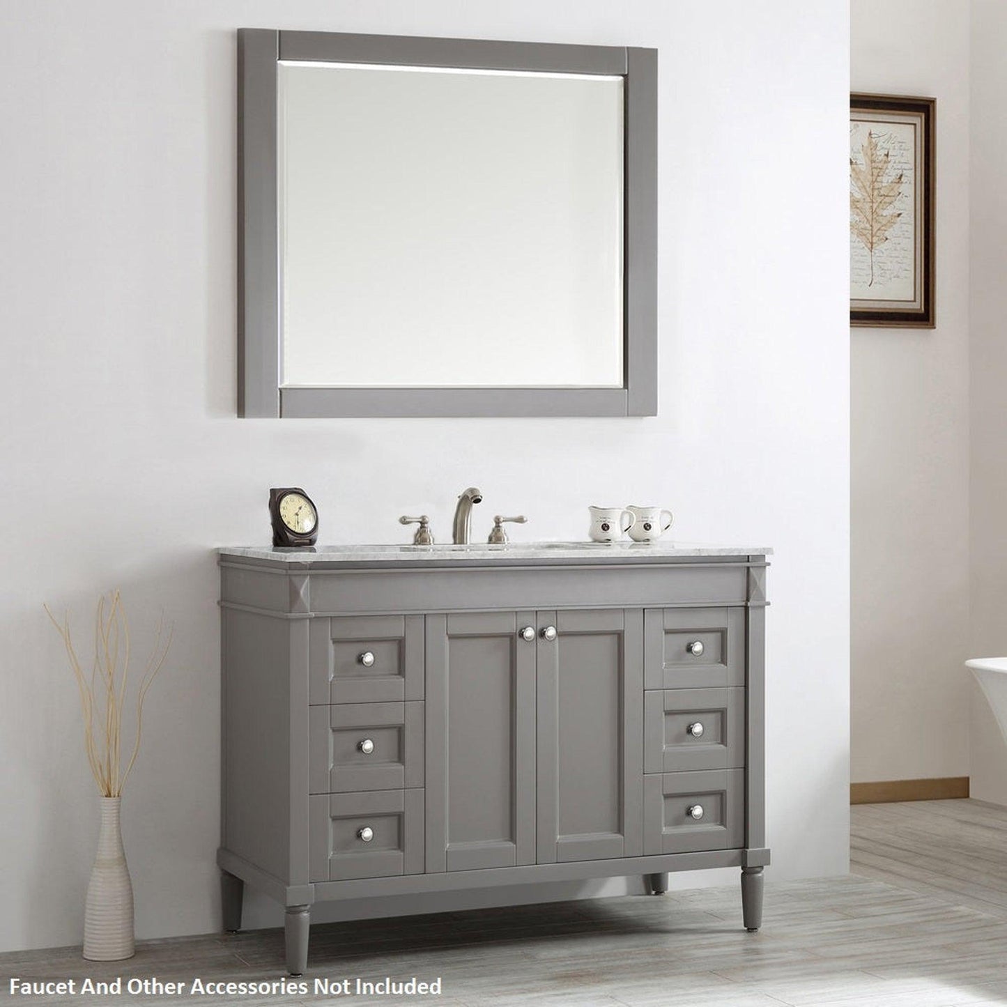 Vinnova Catania 48" Gray Freestanding Single Vanity Set In White Carrara Marble Top With Undermount Ceramic Sink and Mirror