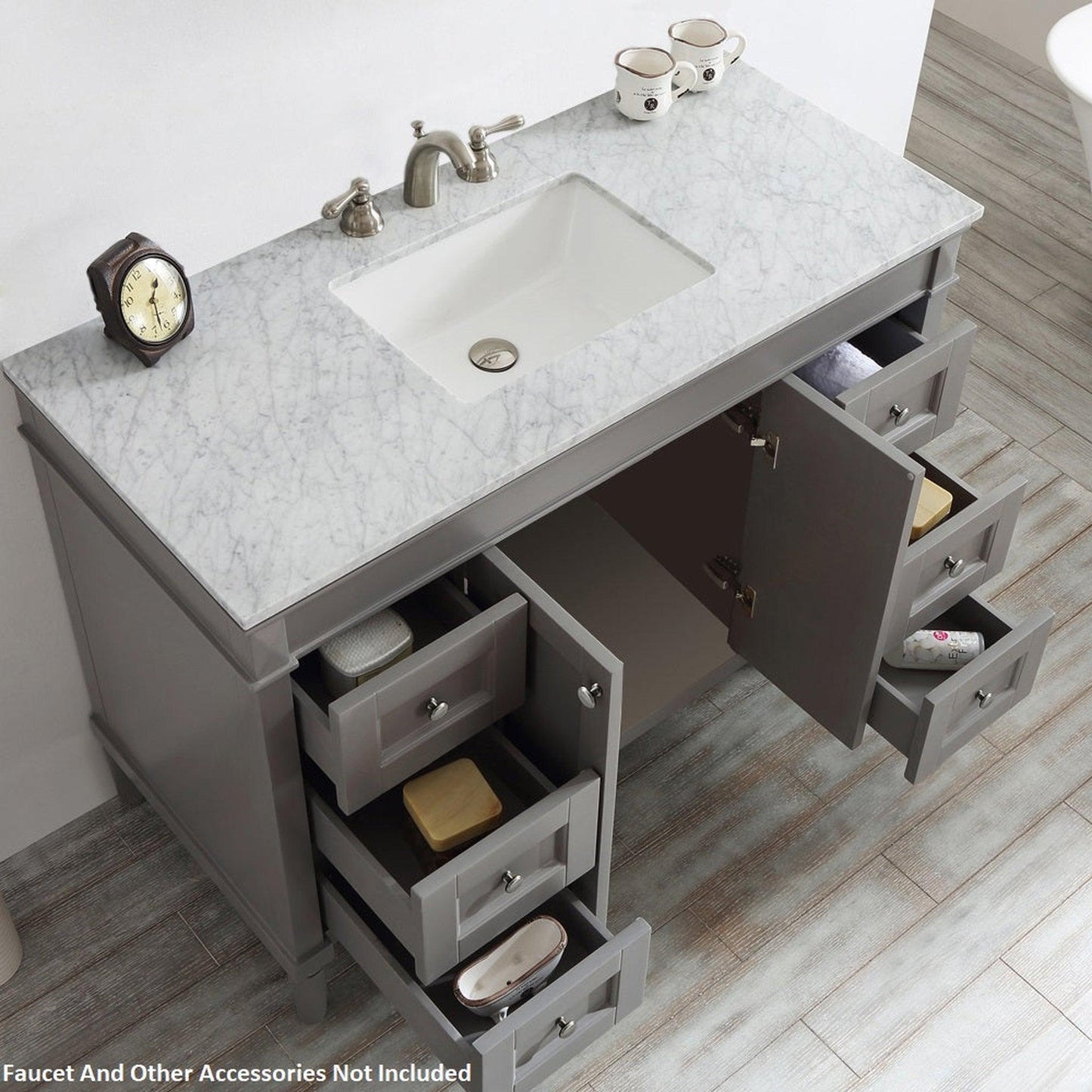 Vinnova Catania 48" Gray Freestanding Single Vanity Set In White Carrara Marble Top With Undermount Ceramic Sink and Mirror