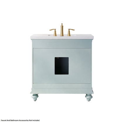 Vinnova Charlotte 36" Finnish Green Freestanding Single Vanity Set In White Carrara Composite Quartz Stone Top With Undermount Ceramic Sink, Backsplash and Mirror