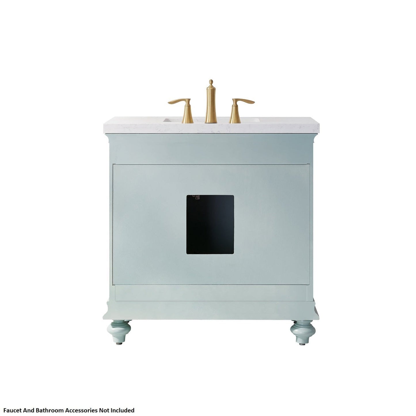 Vinnova Charlotte 36" Finnish Green Freestanding Single Vanity Set In White Carrara Composite Quartz Stone Top With Undermount Ceramic Sink, Backsplash and Mirror