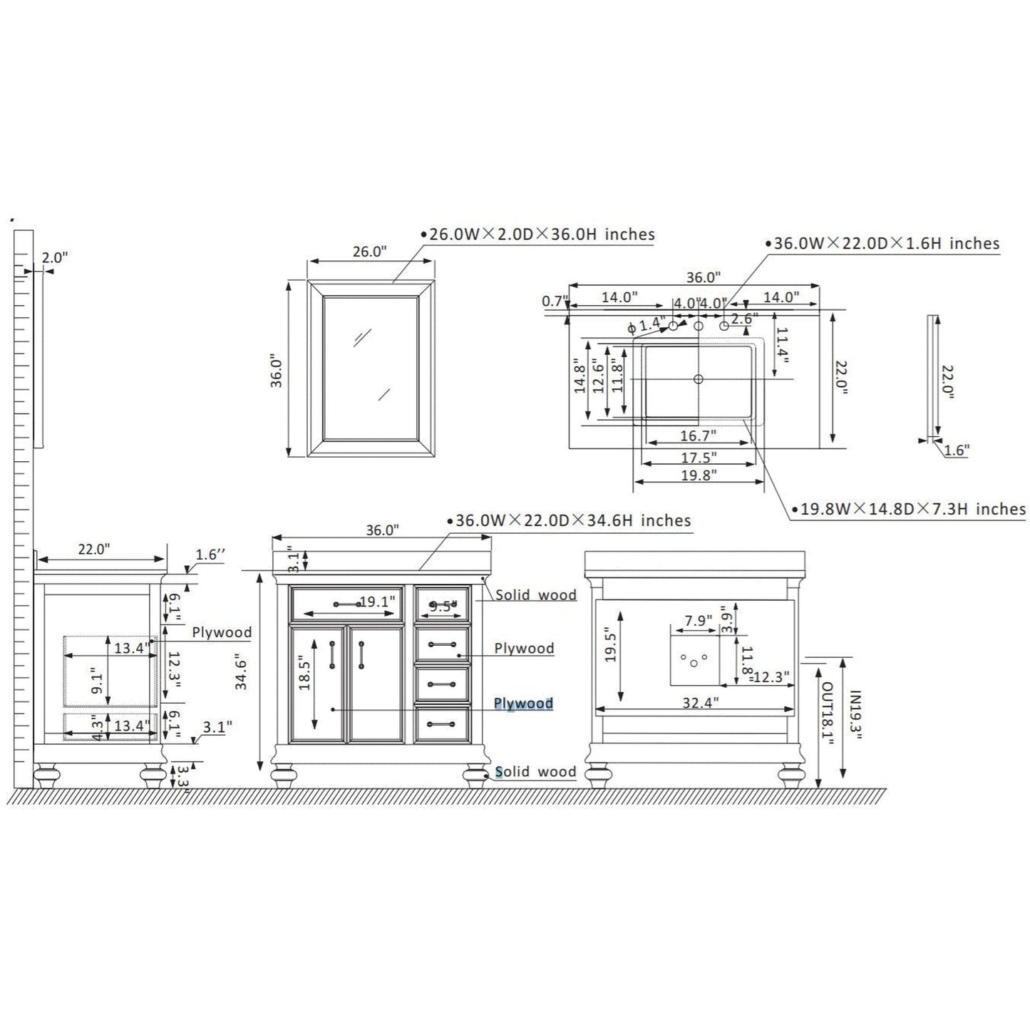 Vinnova Charlotte 36" Finnish Green Freestanding Single Vanity Set In White Carrara Composite Quartz Stone Top With Undermount Ceramic Sink, Backsplash and Mirror