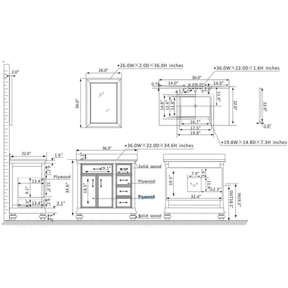 Vinnova Charlotte 36" Finnish Green Freestanding Single Vanity Set In White Carrara Composite Quartz Stone Top With Undermount Ceramic Sink, Backsplash and Mirror