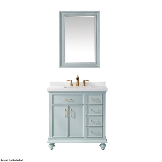 Vinnova Charlotte 36" Finnish Green Freestanding Single Vanity Set In White Carrara Composite Quartz Stone Top With Undermount Ceramic Sink, Backsplash and Mirror