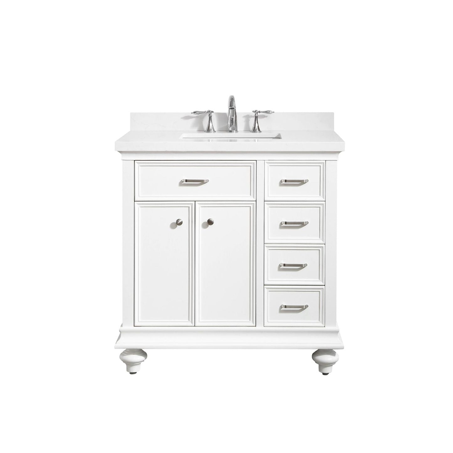 Vinnova Charlotte 36" White Freestanding Single Vanity Set In White Carrara Composite Quartz Stone Top With Undermount Ceramic Sink, Backsplash and Mirror