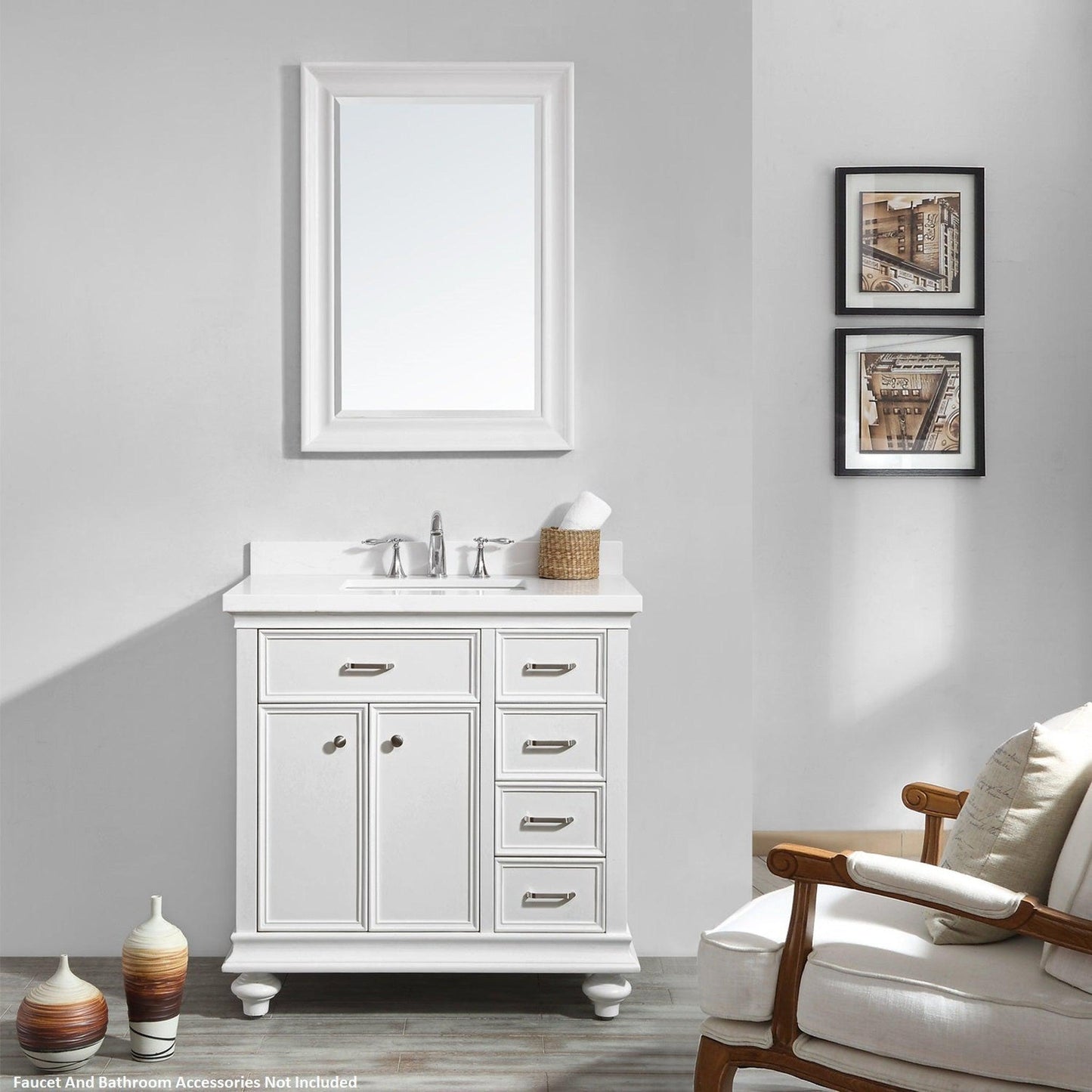 Vinnova Charlotte 36" White Freestanding Single Vanity Set In White Carrara Composite Quartz Stone Top With Undermount Ceramic Sink, Backsplash and Mirror