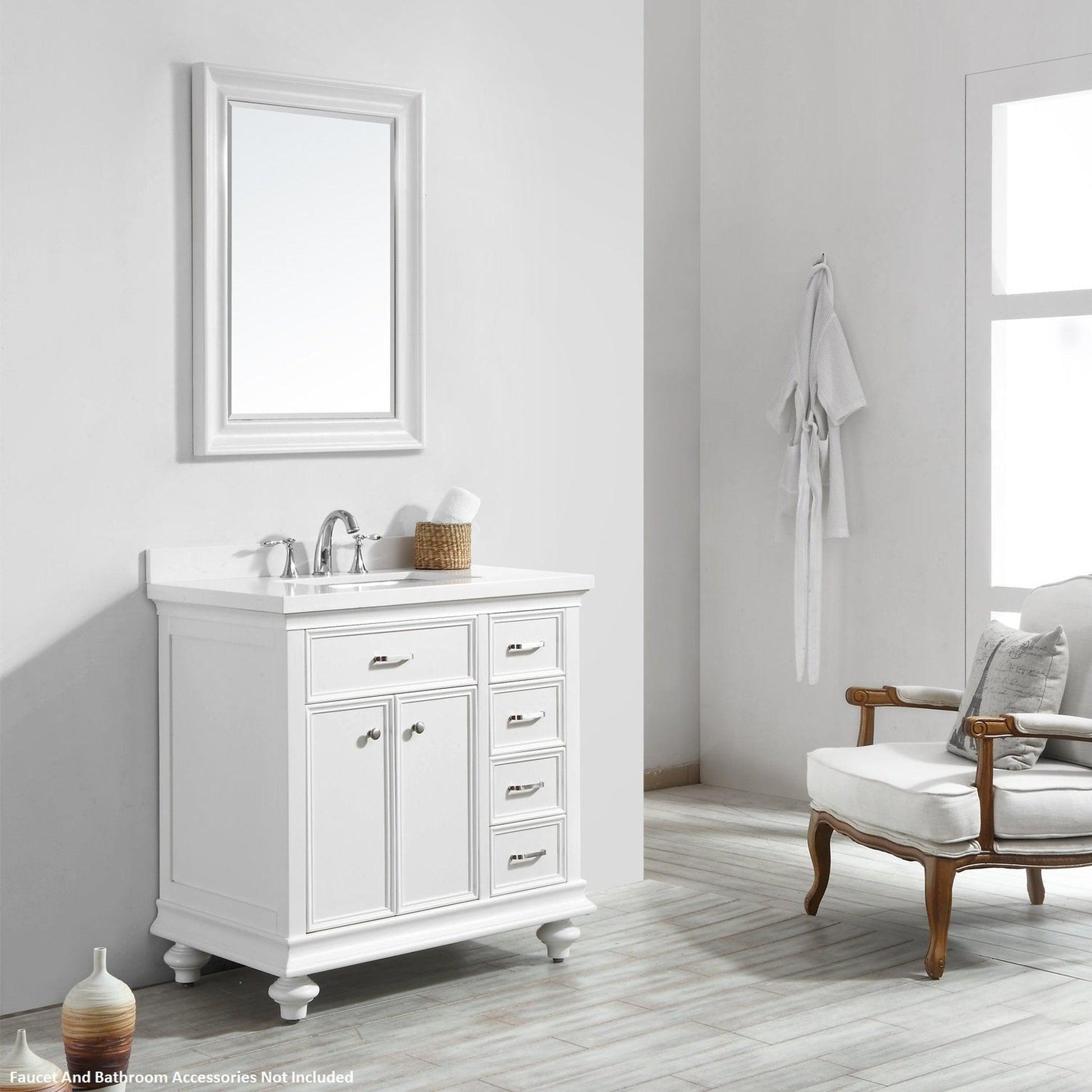 Vinnova Charlotte 36" White Freestanding Single Vanity Set In White Carrara Composite Quartz Stone Top With Undermount Ceramic Sink, Backsplash and Mirror