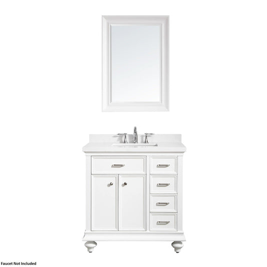 Vinnova Charlotte 36" White Freestanding Single Vanity Set In White Carrara Composite Quartz Stone Top With Undermount Ceramic Sink, Backsplash and Mirror