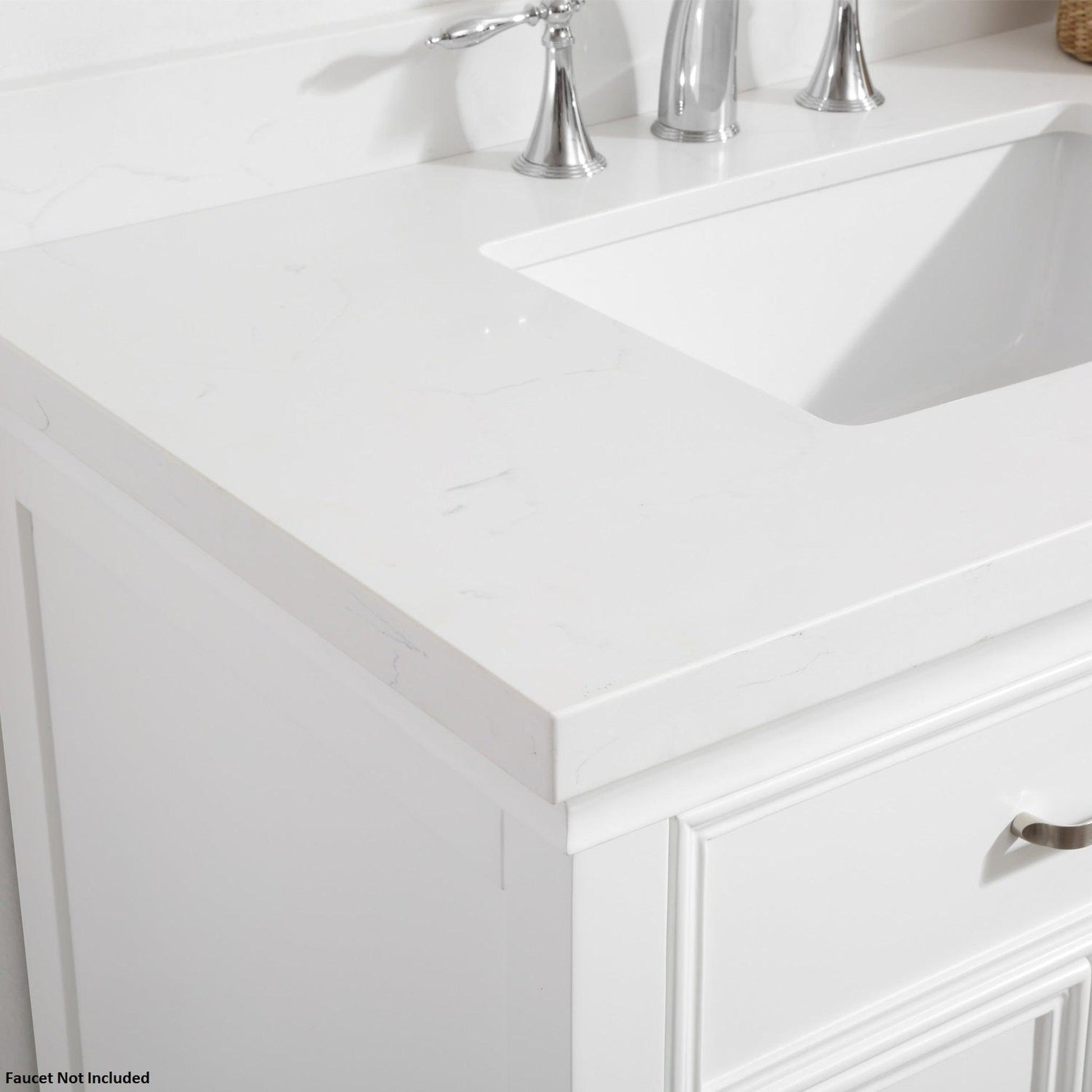 Vinnova Charlotte 36" White Freestanding Vanity Set In White Single Carrara Composite Quartz Stone Top With Undermount Ceramic Sink and Backsplash