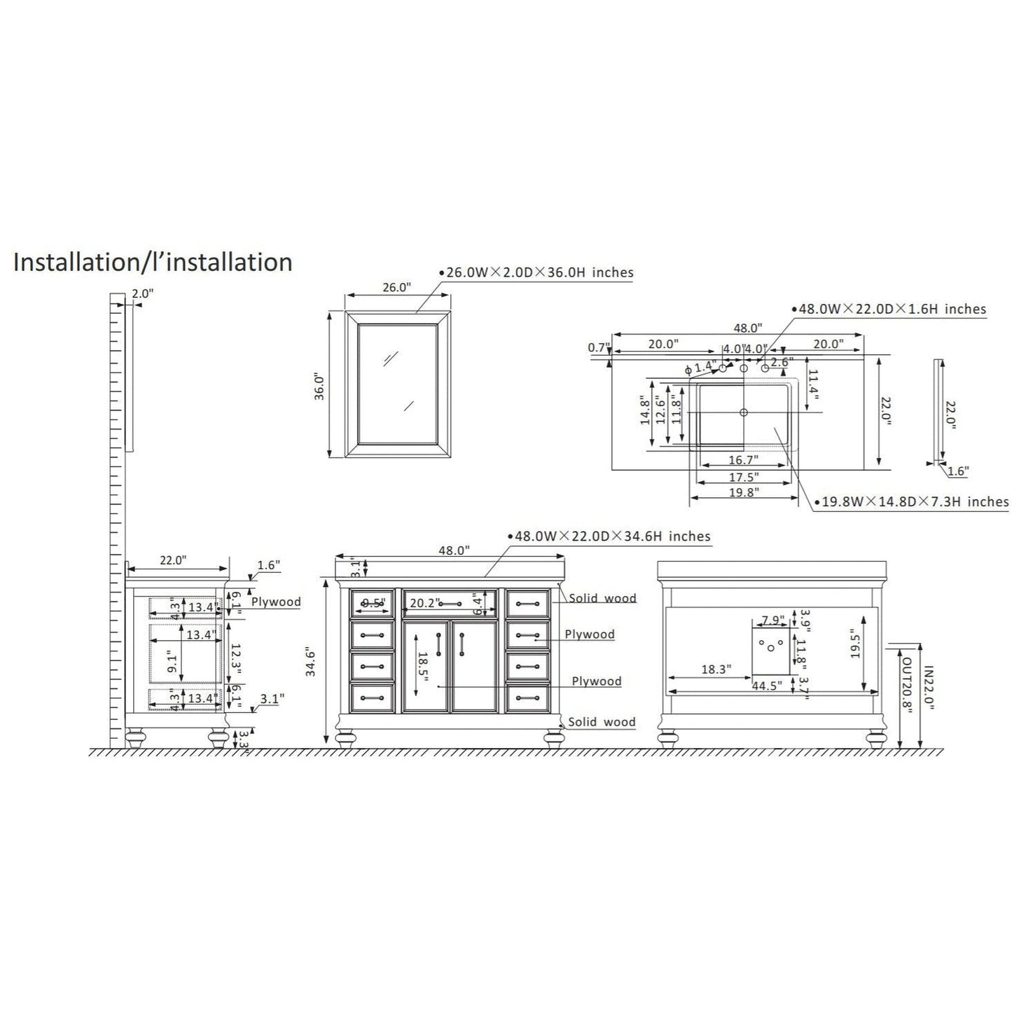 Vinnova Charlotte 48" Gray Freestanding Single Vanity Set In White Carrara Composite Quartz Stone Top With Undermount Ceramic Sink, Backsplash and Mirror