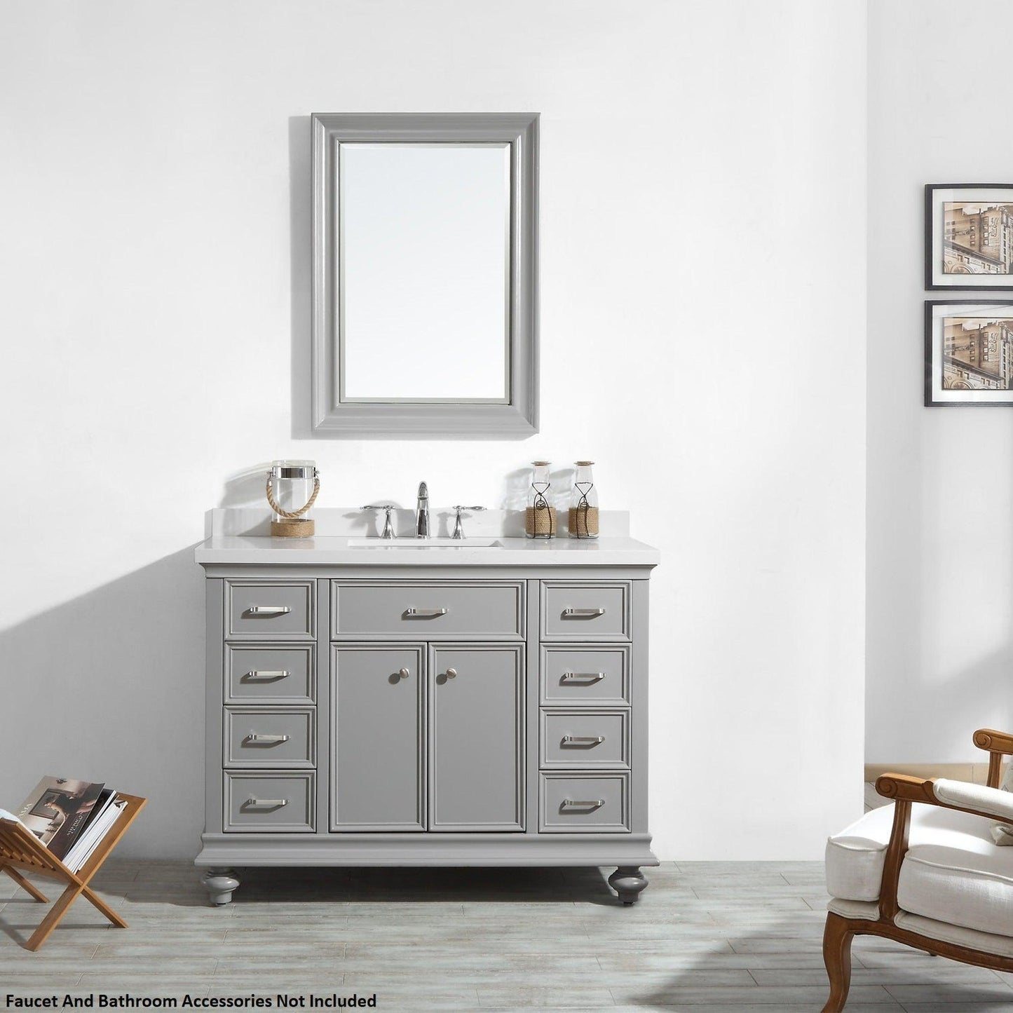 Vinnova Charlotte 48" Gray Freestanding Single Vanity Set In White Carrara Composite Quartz Stone Top With Undermount Ceramic Sink, Backsplash and Mirror