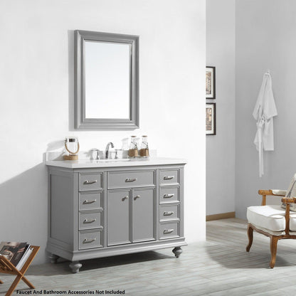 Vinnova Charlotte 48" Gray Freestanding Single Vanity Set In White Carrara Composite Quartz Stone Top With Undermount Ceramic Sink, Backsplash and Mirror