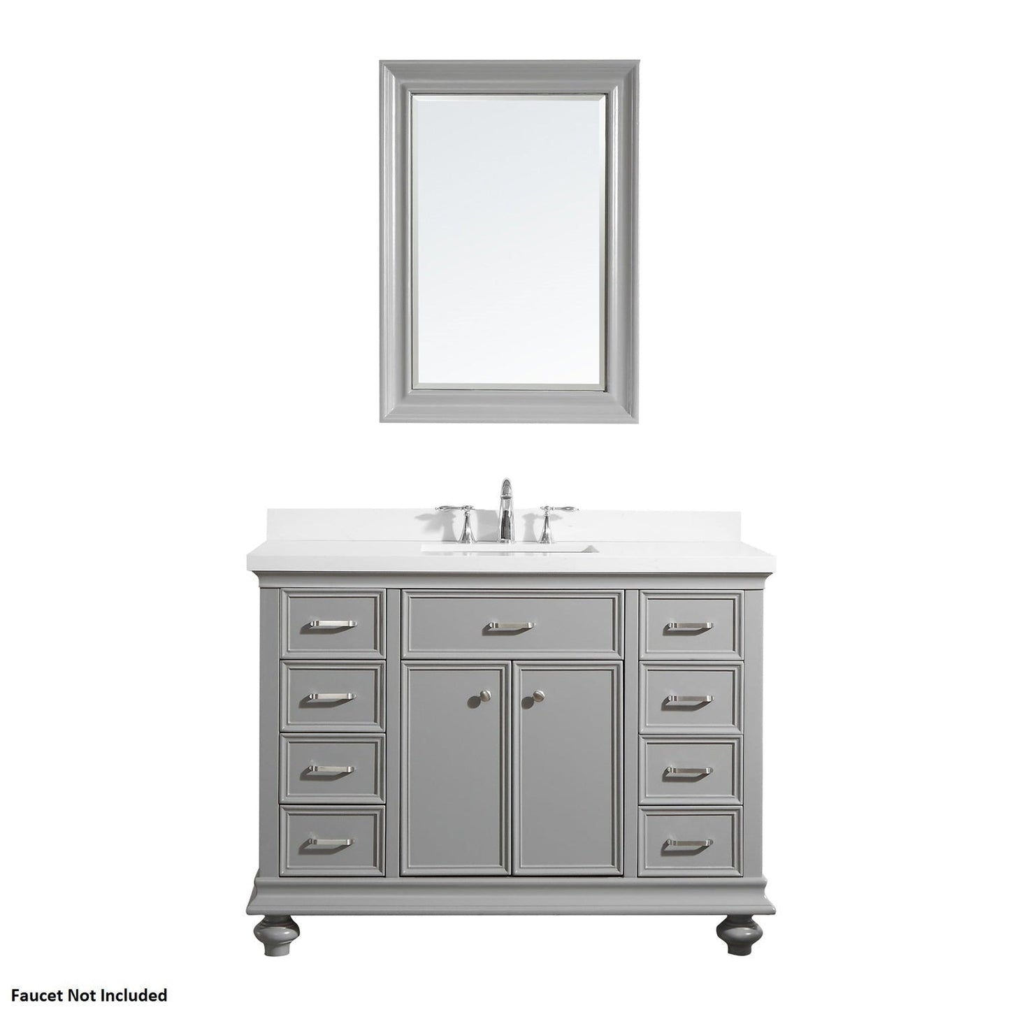 Vinnova Charlotte 48" Gray Freestanding Single Vanity Set In White Carrara Composite Quartz Stone Top With Undermount Ceramic Sink, Backsplash and Mirror