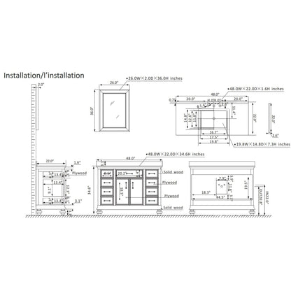 Vinnova Charlotte 48" Gray Freestanding Vanity Set In White Single Carrara Composite Quartz Stone Top With Undermount Ceramic Sink and Backsplash