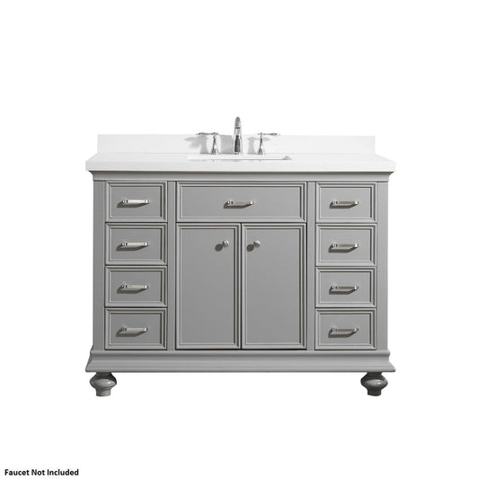 Vinnova Charlotte 48" Gray Freestanding Vanity Set In White Single Carrara Composite Quartz Stone Top With Undermount Ceramic Sink and Backsplash