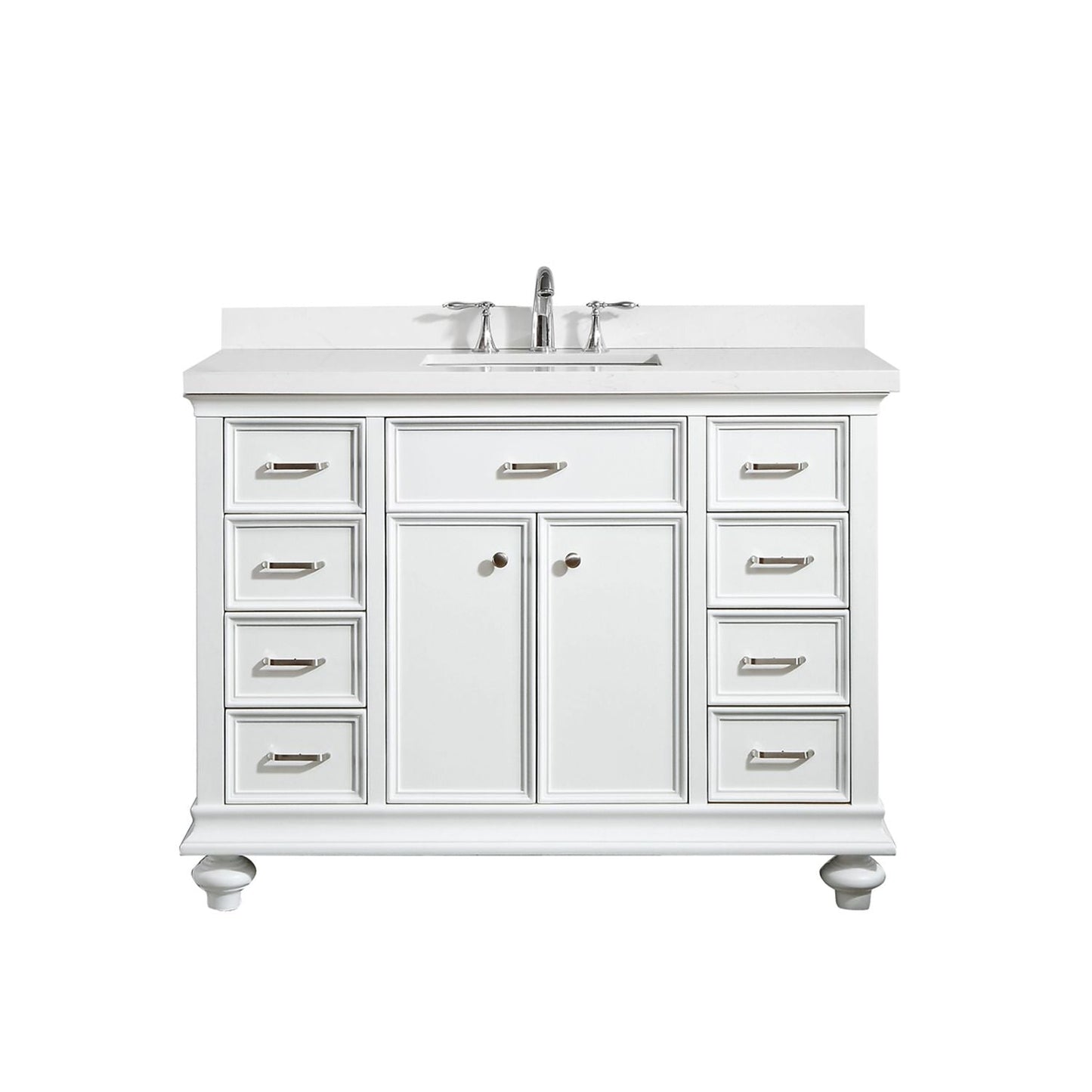 Vinnova Charlotte 48" White Freestanding Single Vanity Set In White Carrara Composite Quartz Stone Top With Undermount Ceramic Sink, Backsplash and Mirror