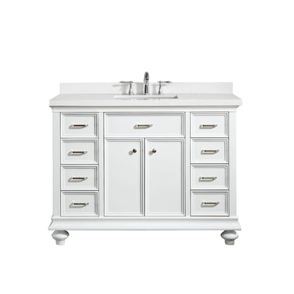 Vinnova Charlotte 48" White Freestanding Single Vanity Set In White Carrara Composite Quartz Stone Top With Undermount Ceramic Sink, Backsplash and Mirror