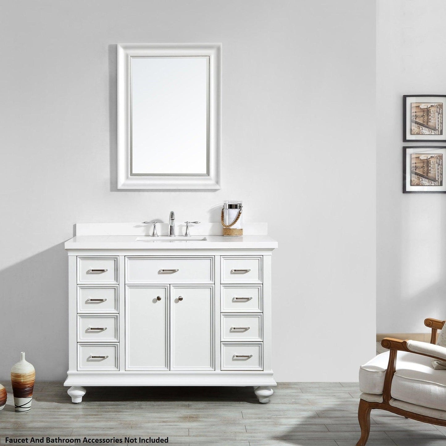 Vinnova Charlotte 48" White Freestanding Single Vanity Set In White Carrara Composite Quartz Stone Top With Undermount Ceramic Sink, Backsplash and Mirror