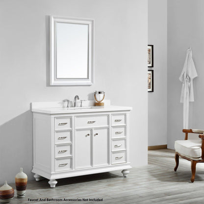 Vinnova Charlotte 48" White Freestanding Single Vanity Set In White Carrara Composite Quartz Stone Top With Undermount Ceramic Sink, Backsplash and Mirror