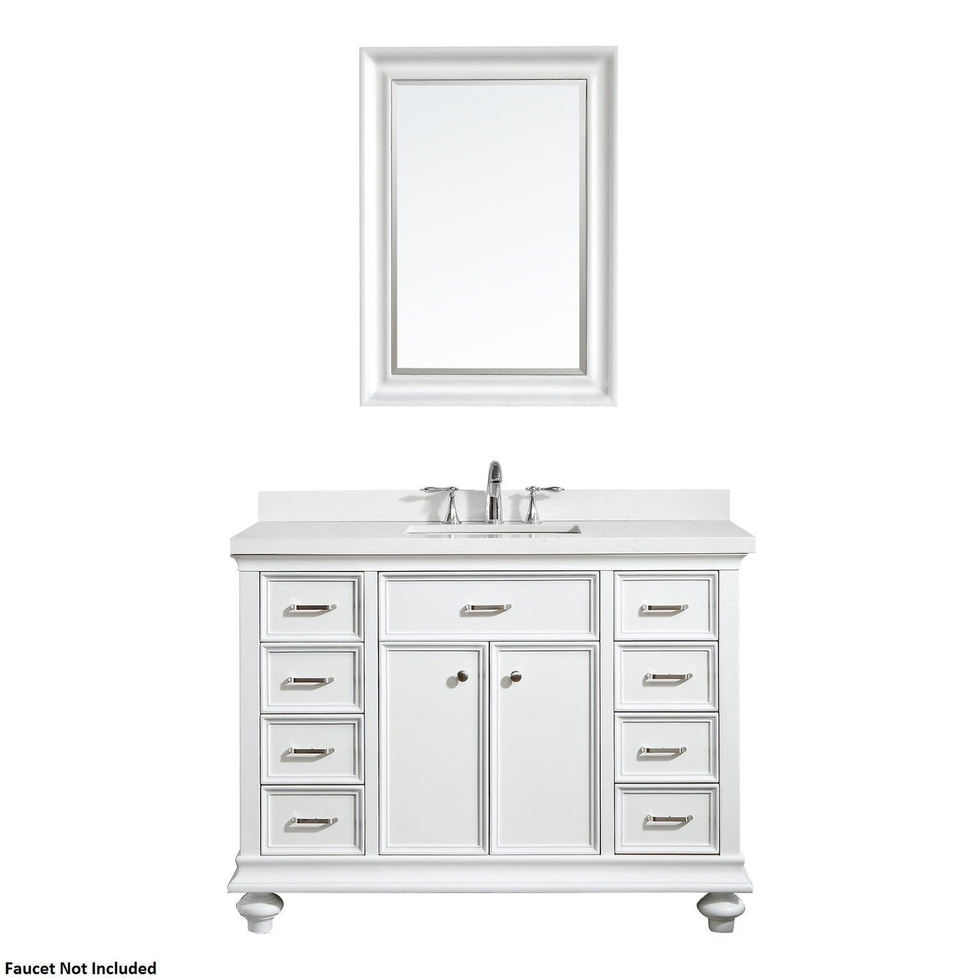 Vinnova Charlotte 48" White Freestanding Single Vanity Set In White Carrara Composite Quartz Stone Top With Undermount Ceramic Sink, Backsplash and Mirror