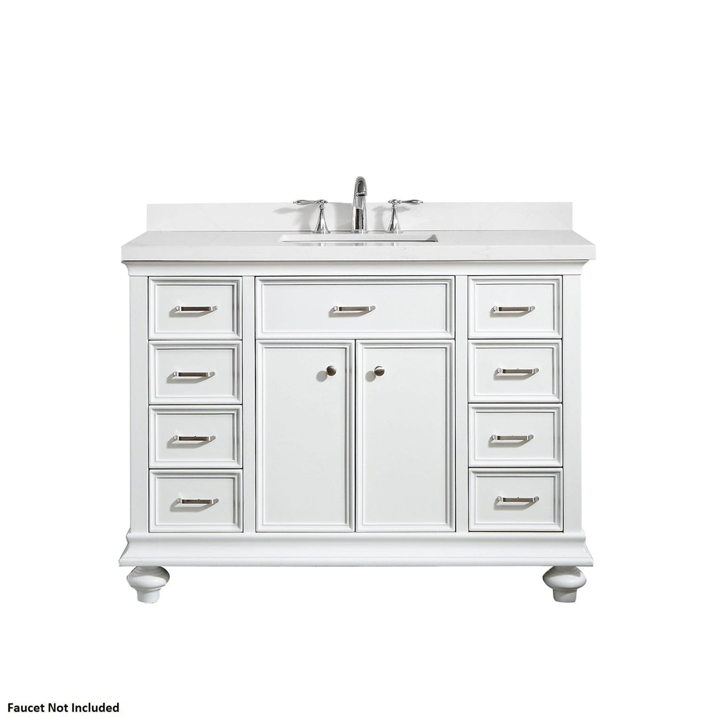 Vinnova Charlotte 48" White Freestanding Vanity Set In White Single Carrara Composite Quartz Stone Top With Undermount Ceramic Sink and Backsplash