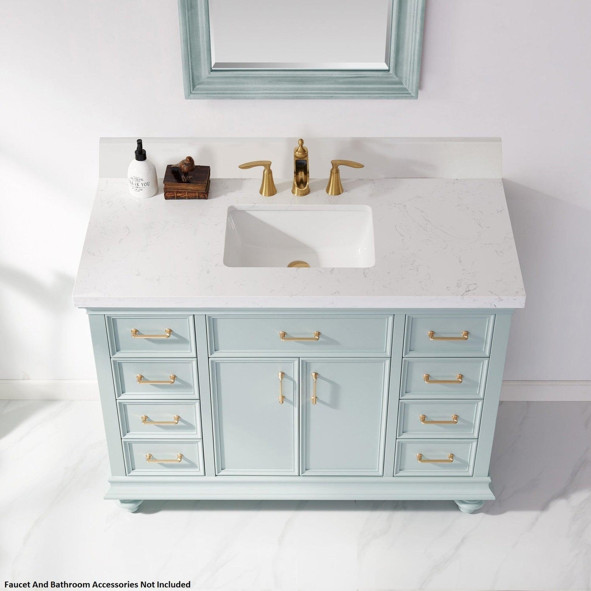 Vinnova Charlotte 48"Finnish Green Freestanding Single Vanity Set In White Carrara Composite Quartz Stone Top With Undermount Ceramic Sink, Backsplash and Mirror