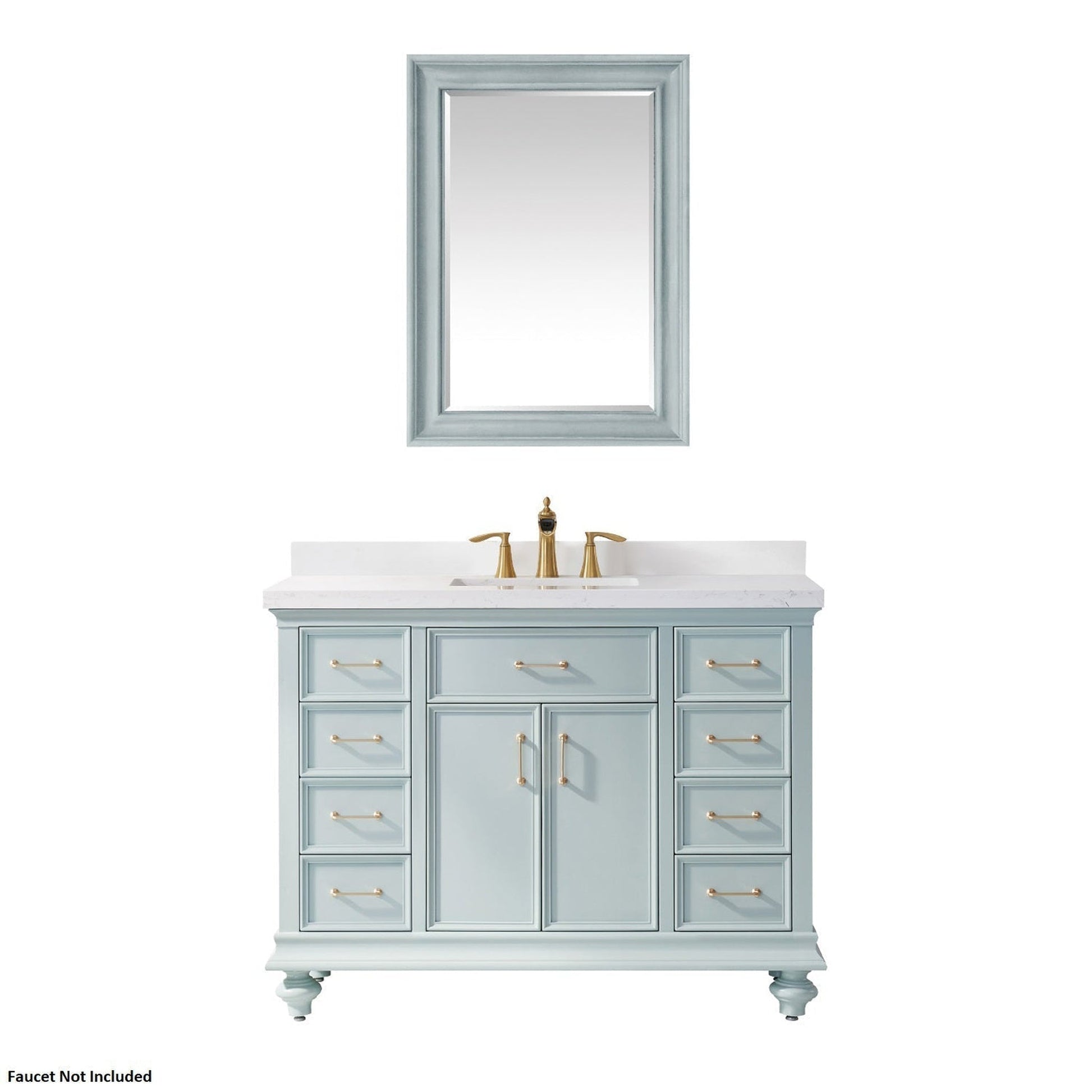 Vinnova Charlotte 48"Finnish Green Freestanding Single Vanity Set In White Carrara Composite Quartz Stone Top With Undermount Ceramic Sink, Backsplash and Mirror