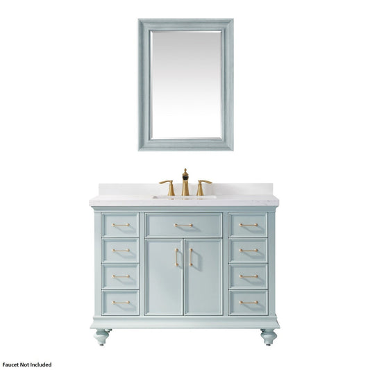 Vinnova Charlotte 48"Finnish Green Freestanding Single Vanity Set In White Carrara Composite Quartz Stone Top With Undermount Ceramic Sink, Backsplash and Mirror